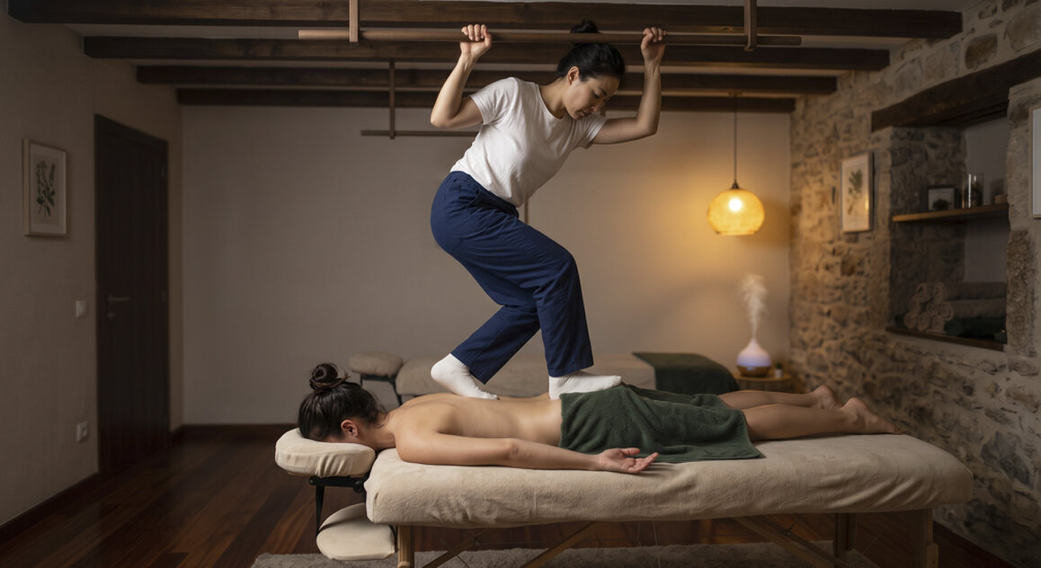Therapist performing back walking massage with support bars